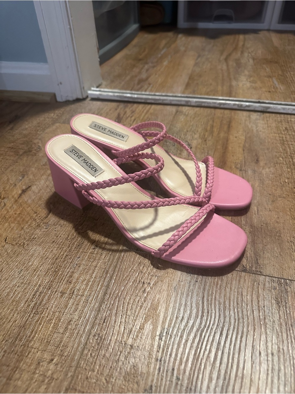 Steve Madden Pink Braided-Strap Block Heel Mules